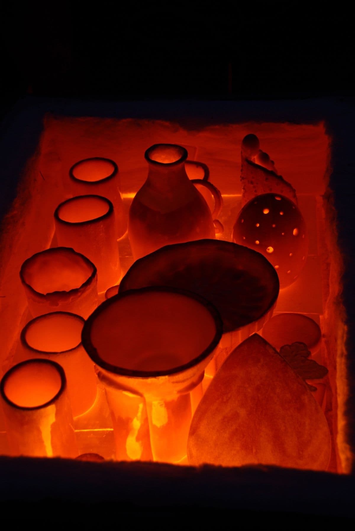 Porcelain pieces firing in the kiln